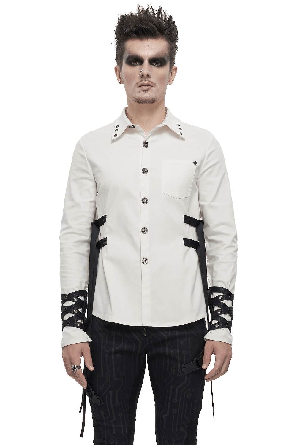 Punk Style Men's White Long Sleeve Shirt / Stylish Shirts with Nylon Straps & Buckles on Both Sides