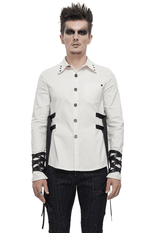 Punk Style Men's White Long Sleeve Shirt / Stylish Shirts with Nylon Straps & Buckles on Both Sides