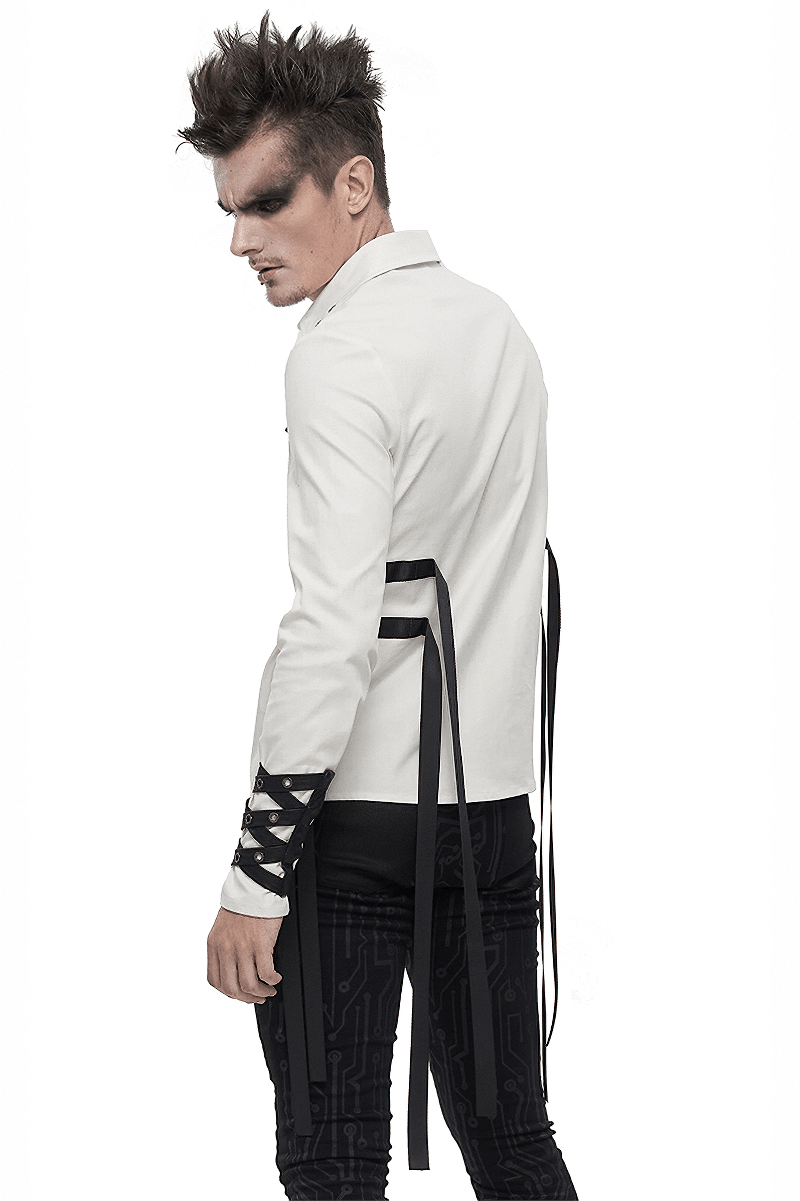 Punk Style Men's White Long Sleeve Shirt / Stylish Shirts with Nylon Straps & Buckles on Both Sides
