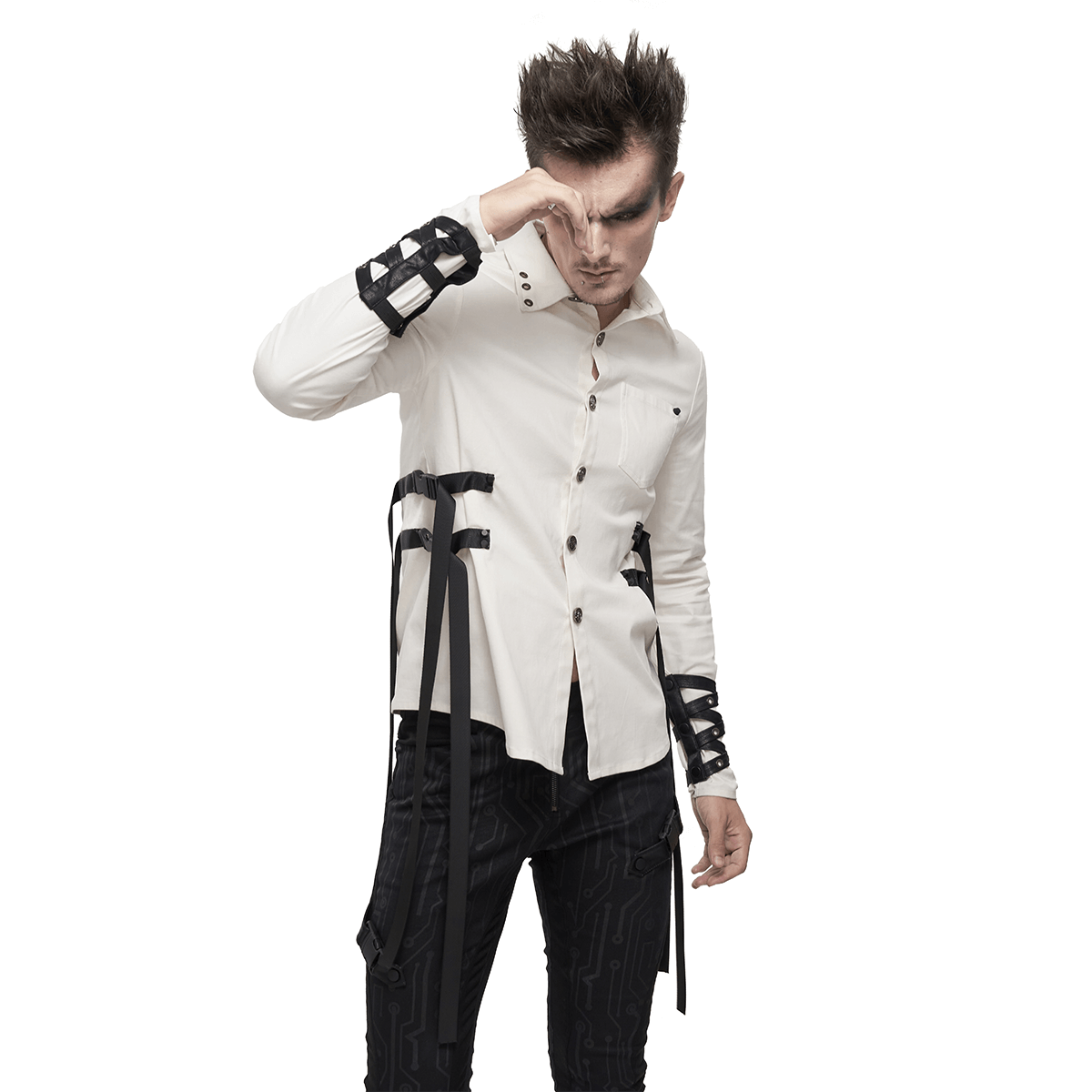Punk Style Men's White Long Sleeve Shirt / Stylish Shirts with Nylon Straps & Buckles on Both Sides