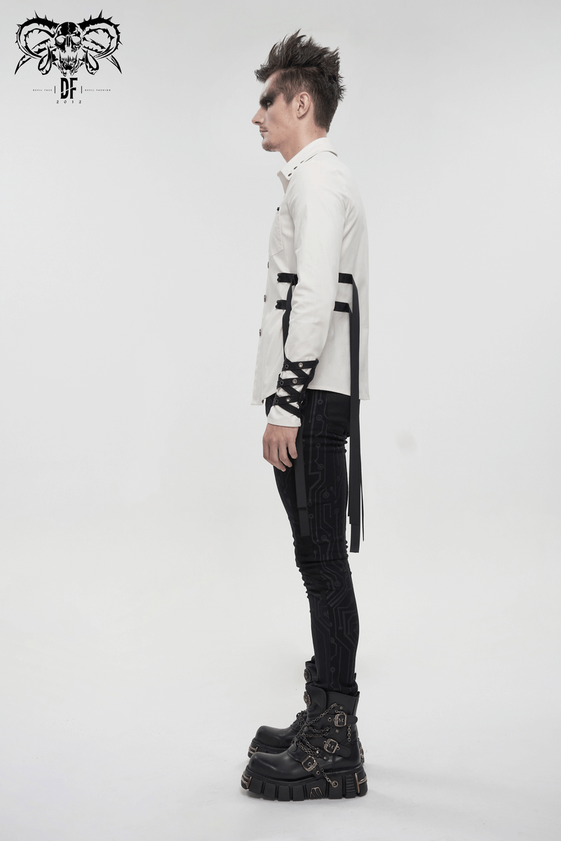 Punk Style Men's White Long Sleeve Shirt / Stylish Shirts with Nylon Straps & Buckles on Both Sides