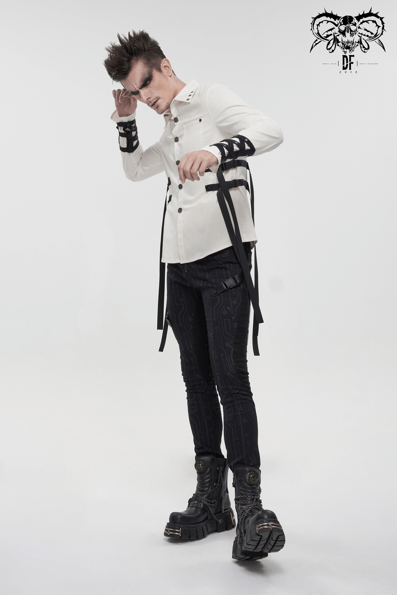 Punk Style Men's White Long Sleeve Shirt / Stylish Shirts with Nylon Straps & Buckles on Both Sides