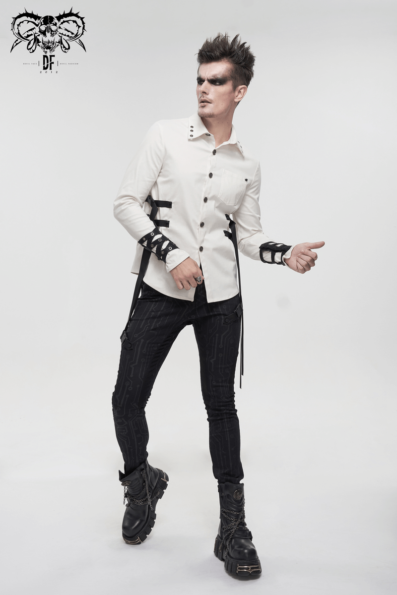 Punk Style Men's White Long Sleeve Shirt / Stylish Shirts with Nylon Straps & Buckles on Both Sides