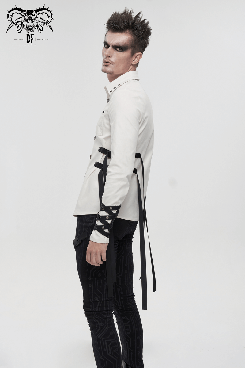 Punk Style Men's White Long Sleeve Shirt / Stylish Shirts with Nylon Straps & Buckles on Both Sides