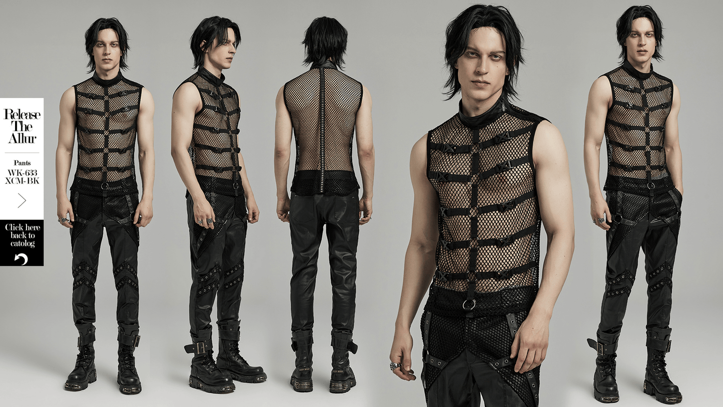 Punk Style Mesh Vest with Rubber Buckles and Iron Rings