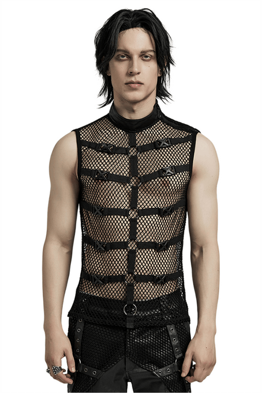 Punk Style Mesh Vest with Rubber Buckles and Iron Rings