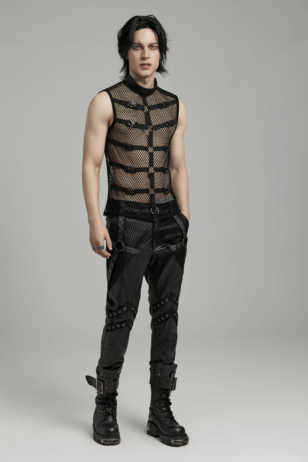 Punk Style Mesh Vest with Rubber Buckles and Iron Rings