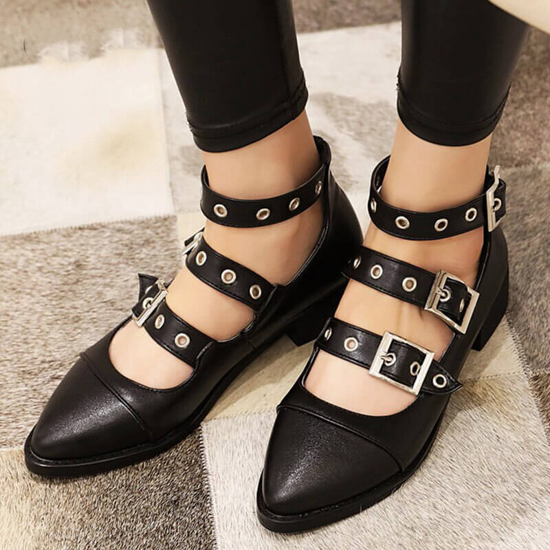 Punk Style PU Leather Pumps with Buckles Straps / Alternative Fashion Footwear for Women