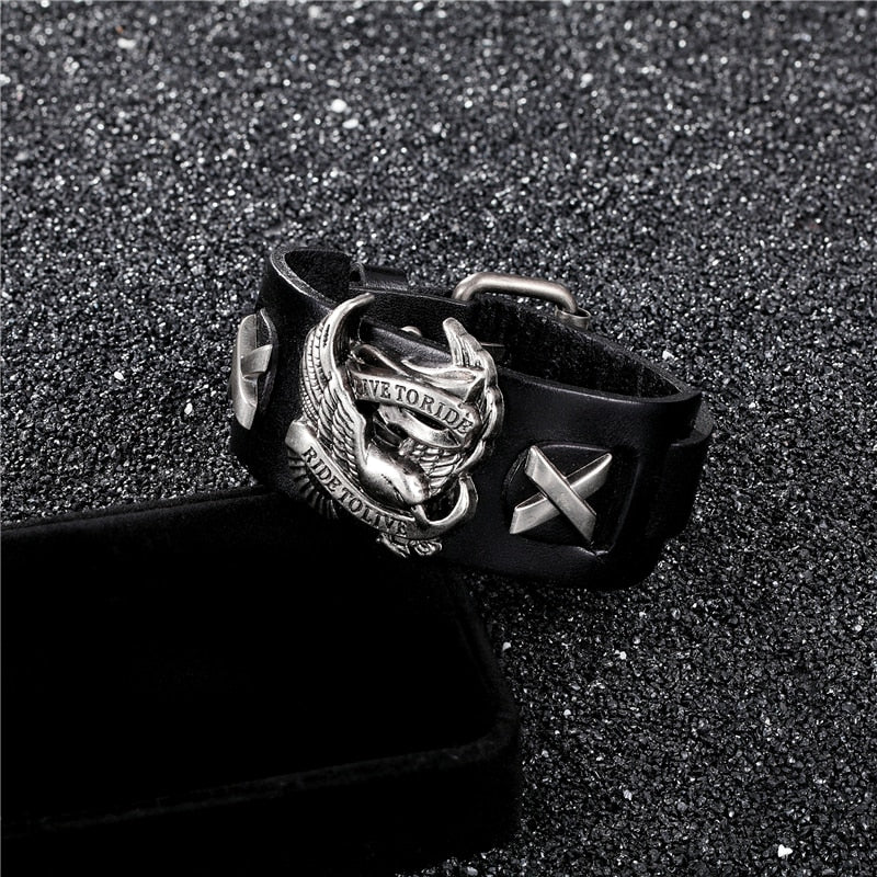 Punk Style Rider Eagle Genuine Leather Bracelet / Ride to live Charm bracelets & bangles