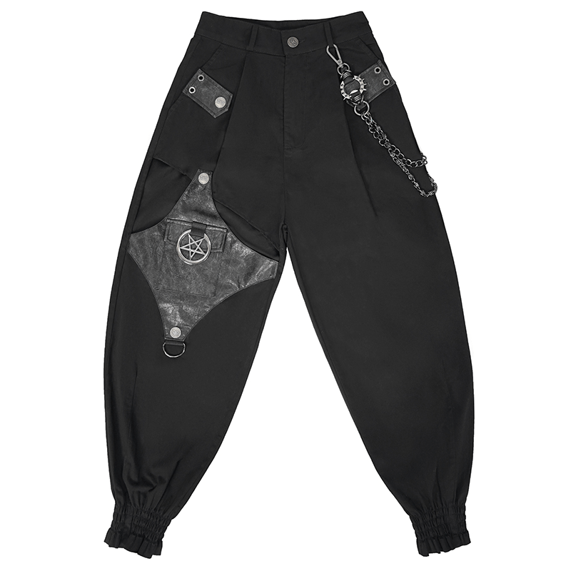 Punk Style Women's Black Asymmetrical Cargo Pants / Stylish Female Trausers With Detachable Chain