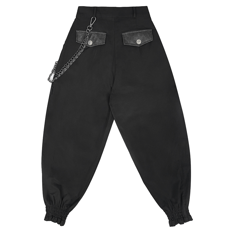 Punk Style Women's Black Asymmetrical Cargo Pants / Stylish Female Trausers With Detachable Chain
