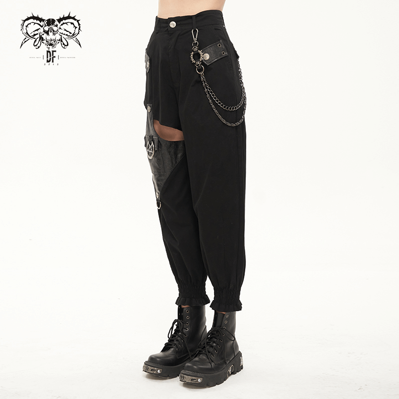 Punk Style Women's Black Asymmetrical Cargo Pants / Stylish Female Trausers With Detachable Chain