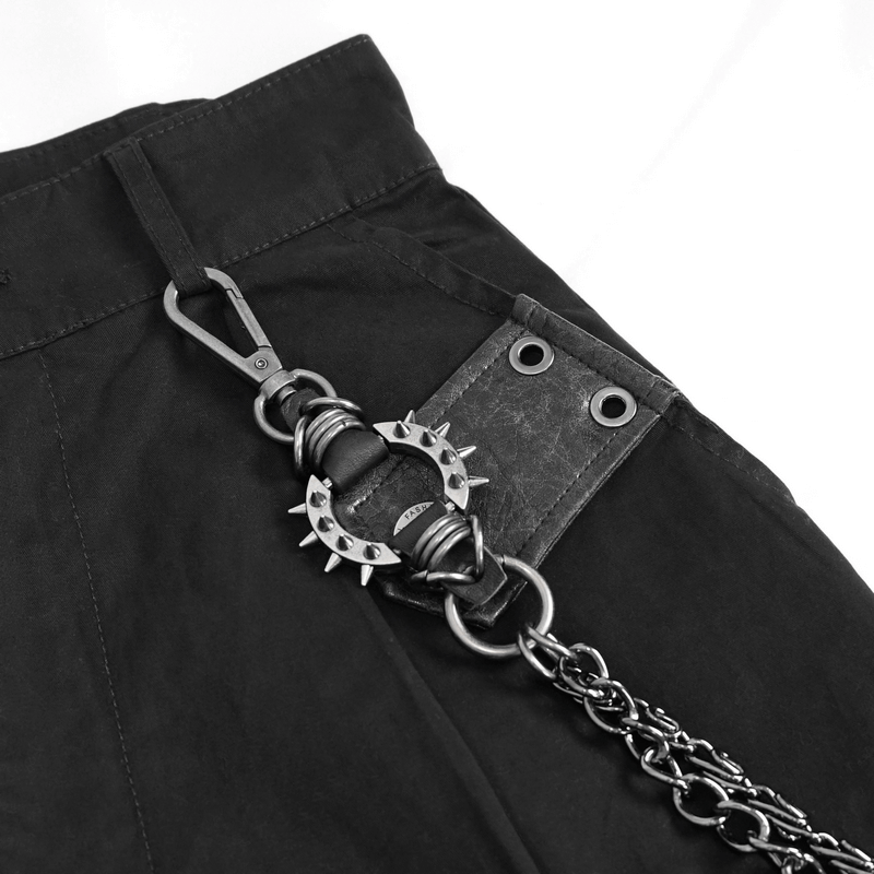 Punk Style Women's Black Asymmetrical Cargo Pants / Stylish Female Trausers With Detachable Chain