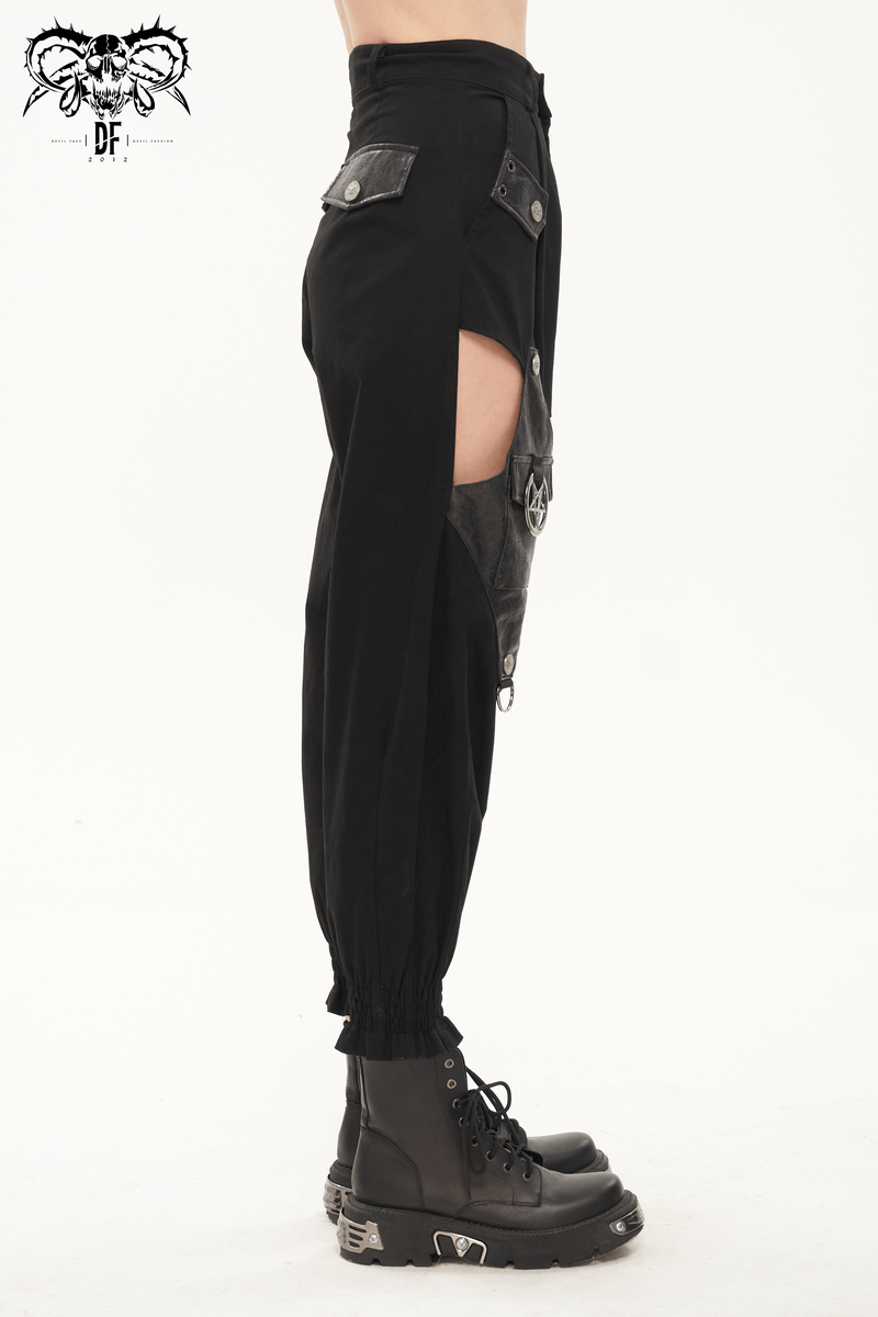Punk Style Women's Black Asymmetrical Cargo Pants / Stylish Female Trausers With Detachable Chain