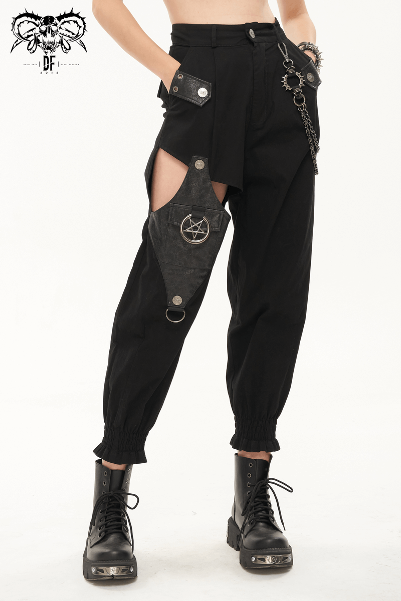 Punk Style Women's Black Asymmetrical Cargo Pants / Stylish Female Trausers With Detachable Chain