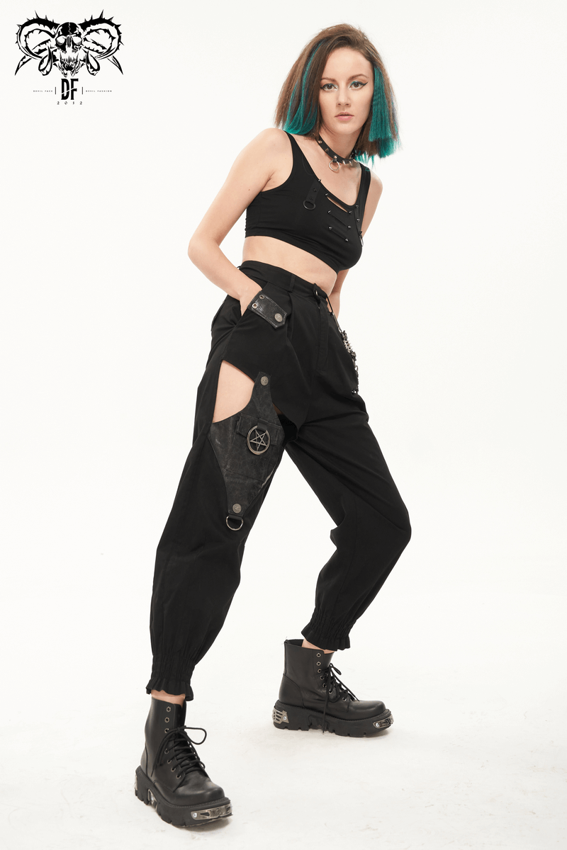 Punk Style Women's Black Asymmetrical Cargo Pants / Stylish Female Trausers With Detachable Chain