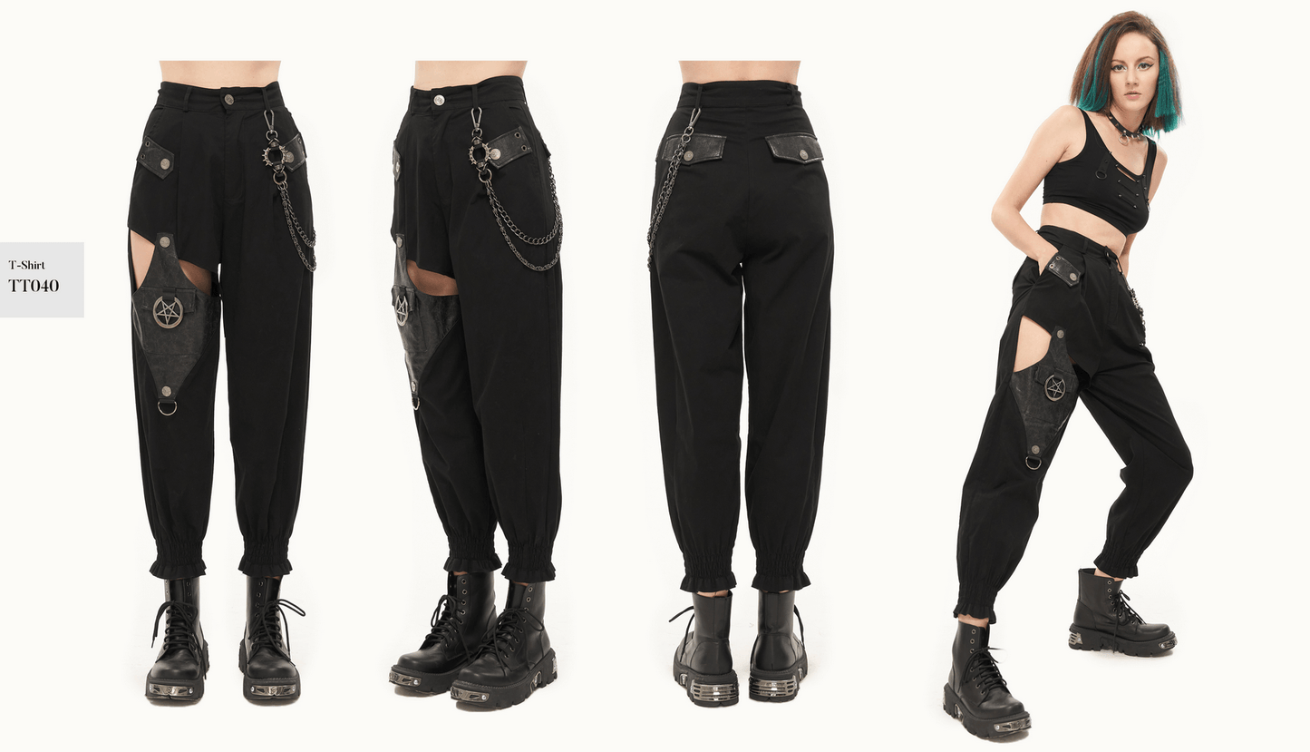 Punk Style Women's Black Asymmetrical Cargo Pants / Stylish Female Trausers With Detachable Chain