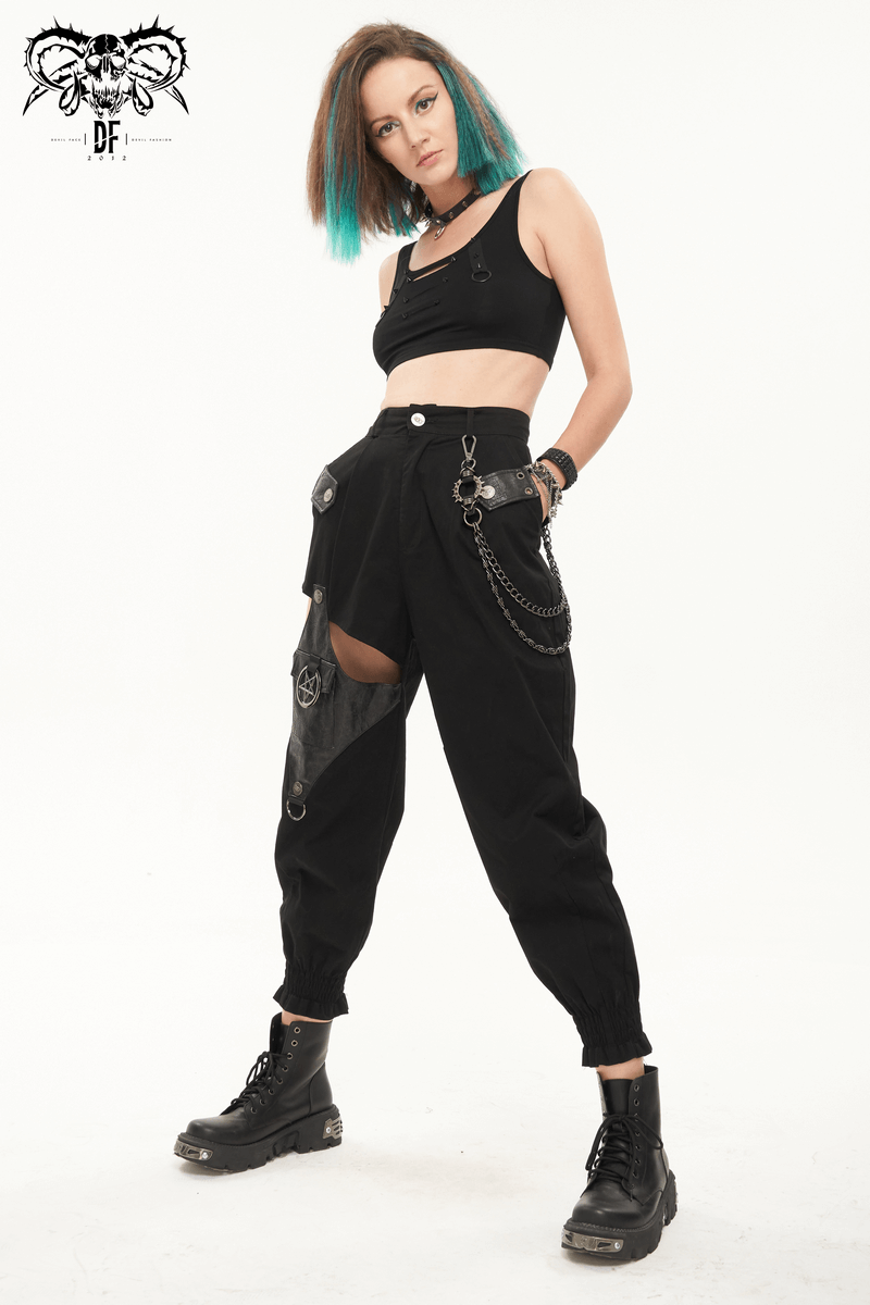Punk Style Women's Black Asymmetrical Cargo Pants / Stylish Female Trausers With Detachable Chain