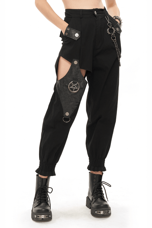 Punk Style Women's Black Asymmetrical Cargo Pants / Stylish Female Trausers With Detachable Chain