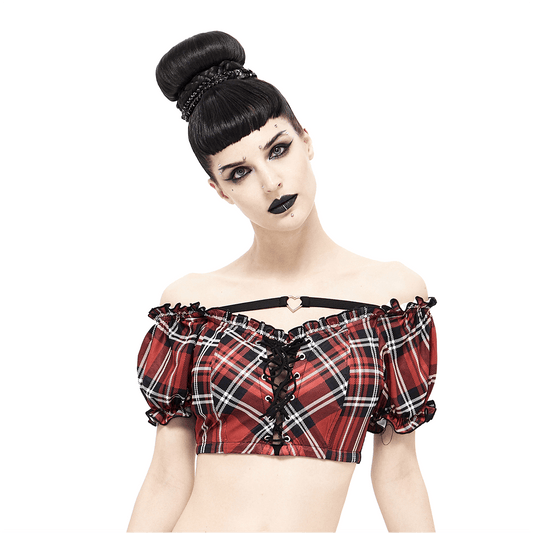 Punk Style Women's Plaid Swimsuit Blouse / Elastic Crop Top With Lace-up