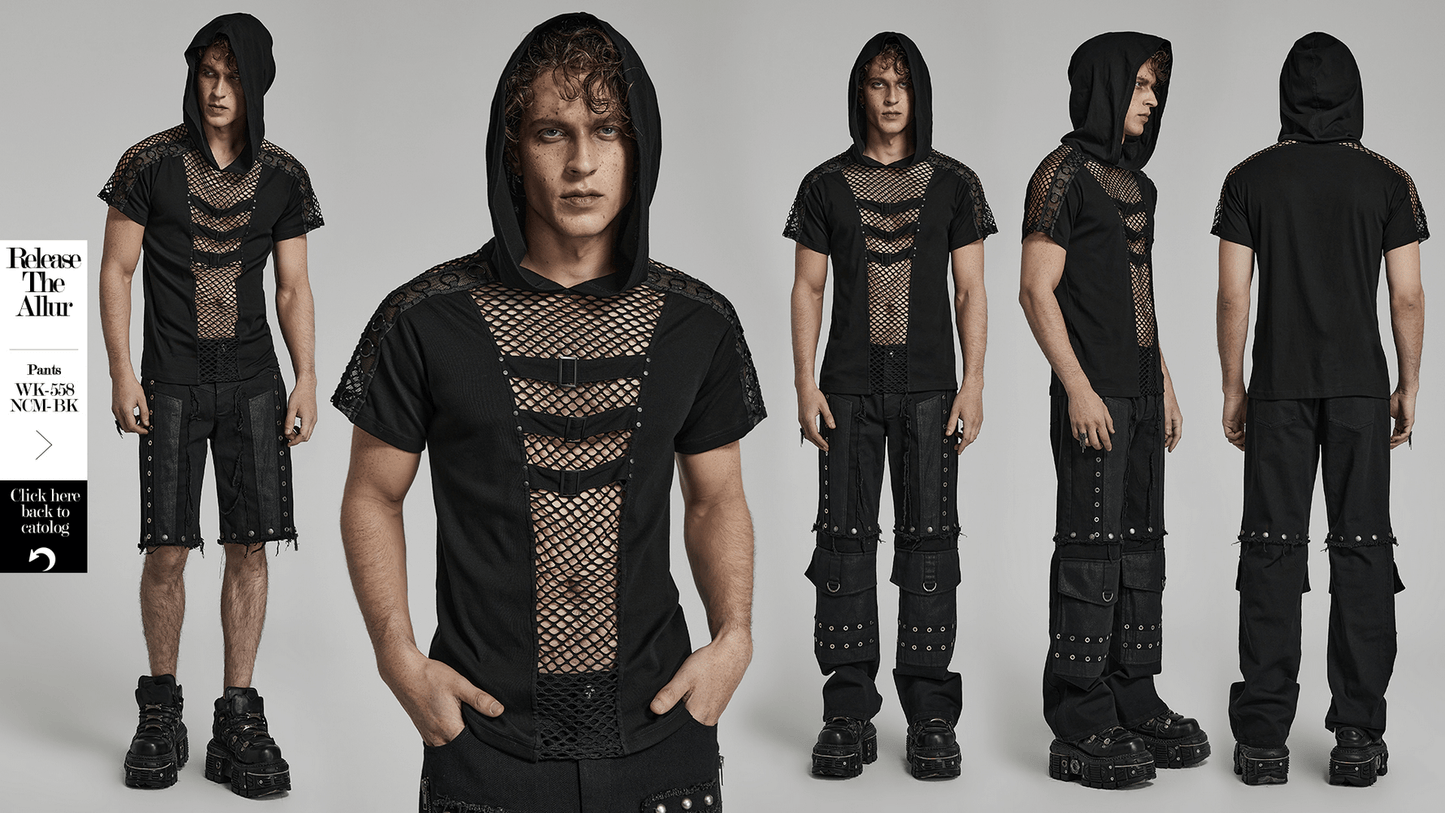 Punk Stylish Men's Black Mesh Hoodie T-Shirt