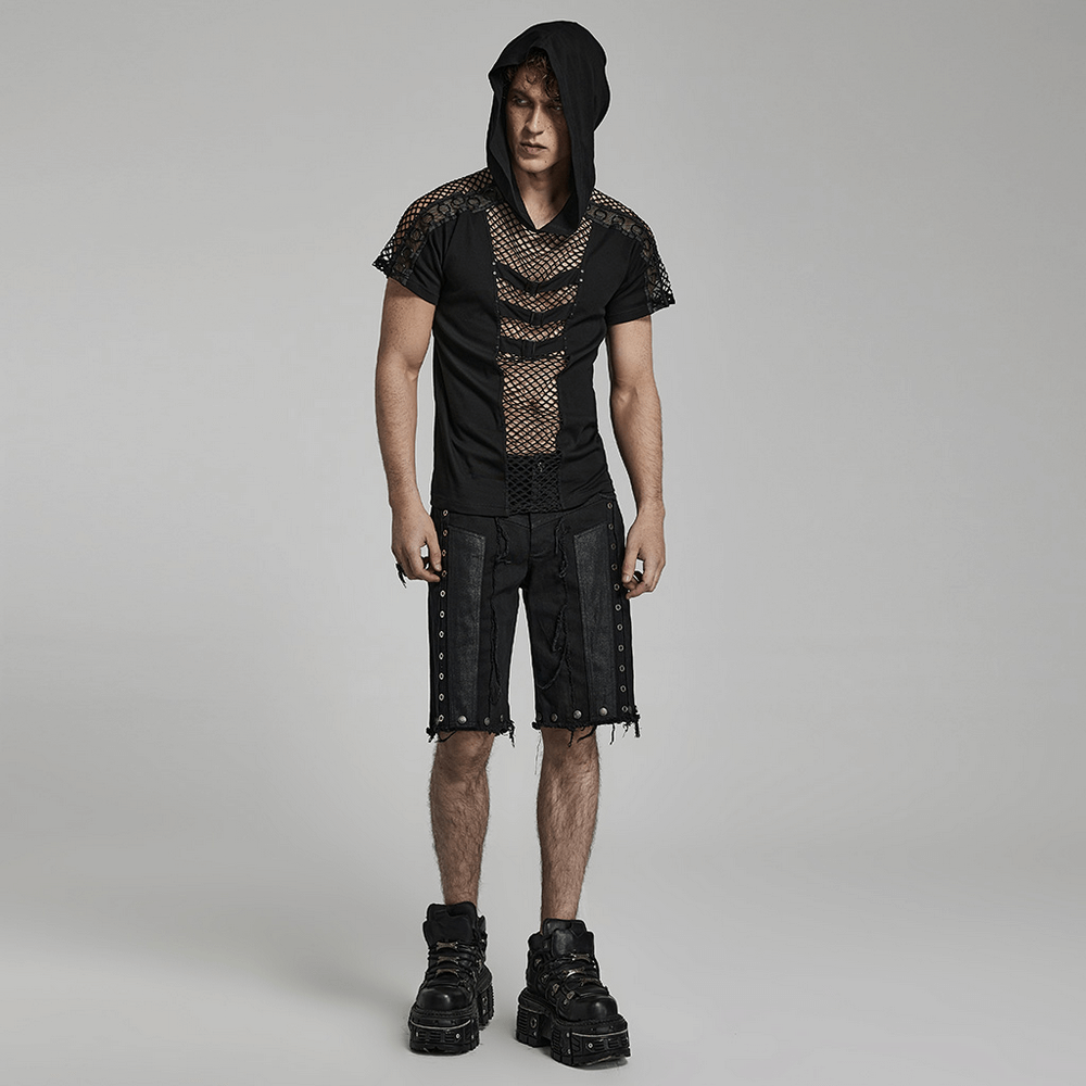 Punk Stylish Men's Black Mesh Hoodie T-Shirt