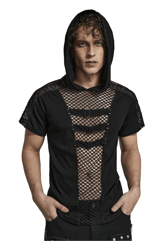 Punk Stylish Men's Black Mesh Hoodie T-Shirt