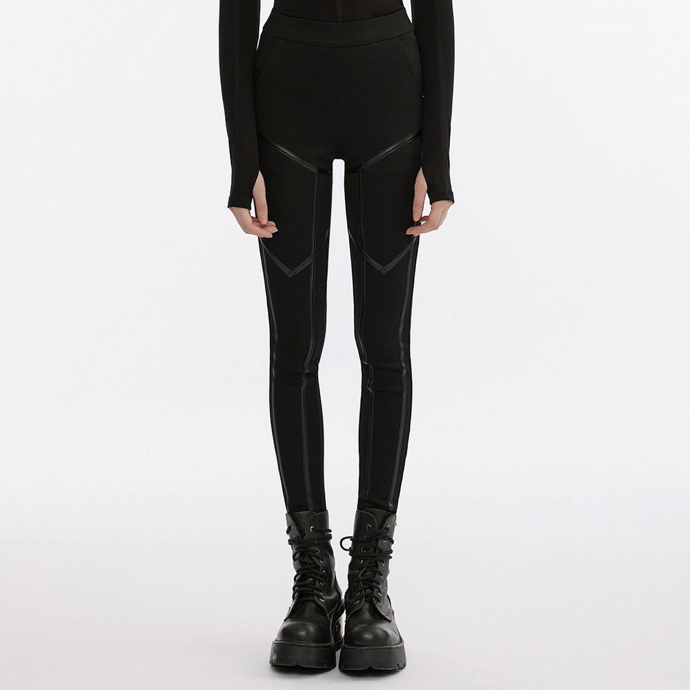 Punk Techwear Faux Leather Legging with Side Zipper Splice