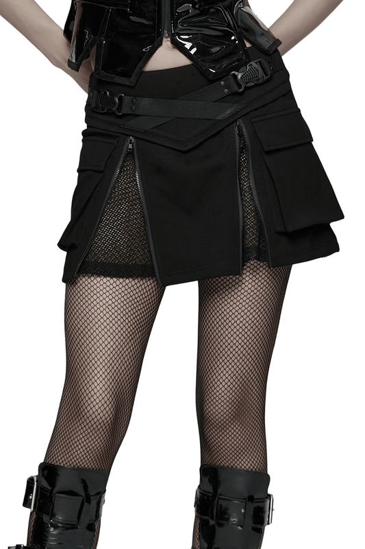 Punk Techwear Skirt with Adjustable Zippers and Pockets