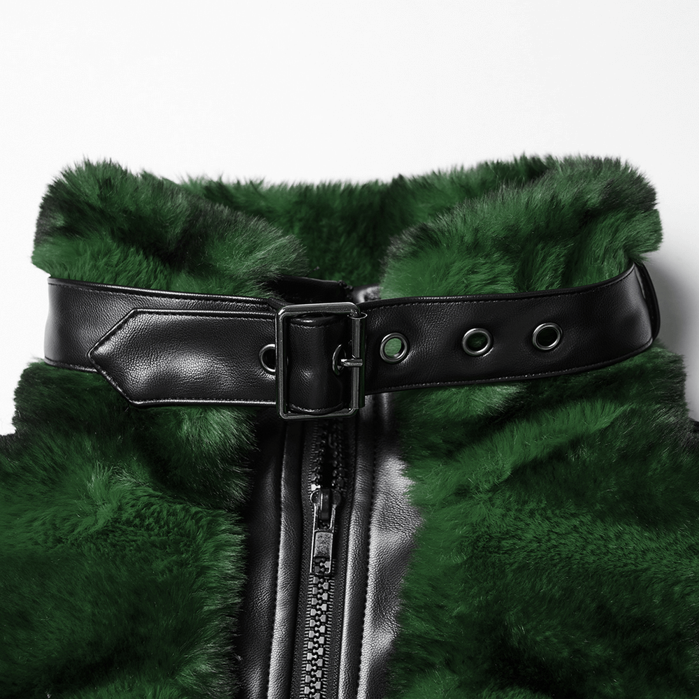 Punk Ultra-Soft Fur Jacket with Studded Shoulder Straps