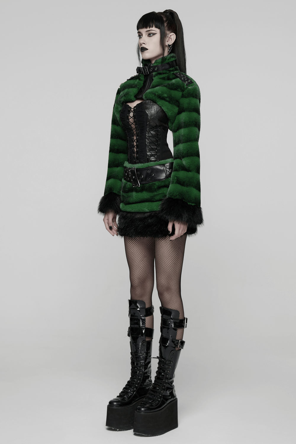Punk Ultra-Soft Fur Jacket with Studded Shoulder Straps
