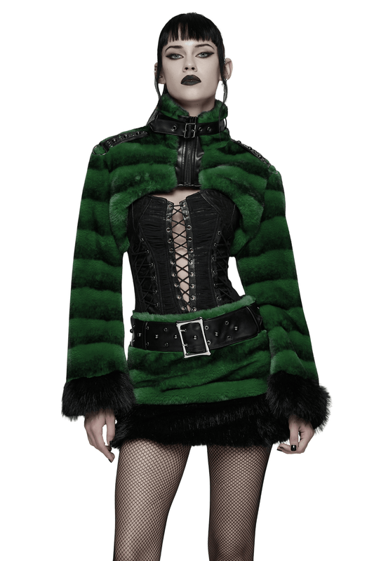 Punk Ultra-Soft Fur Jacket with Studded Shoulder Straps