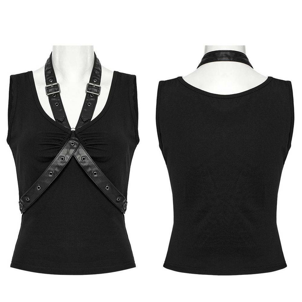 Punk V-neck Cross Loop Tank Top with Faux Leather Straps