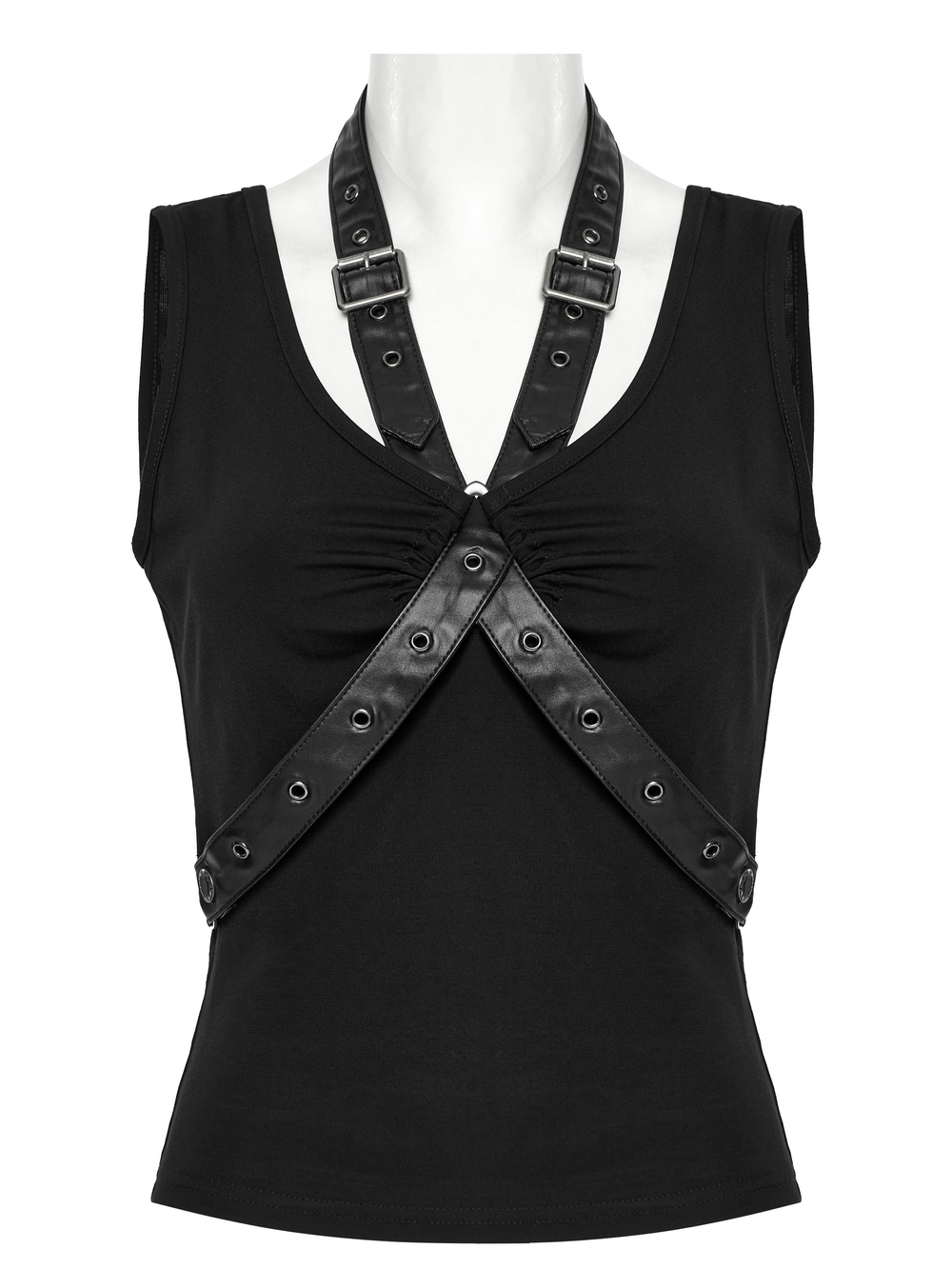 Punk V-neck Cross Loop Tank Top with Faux Leather Straps