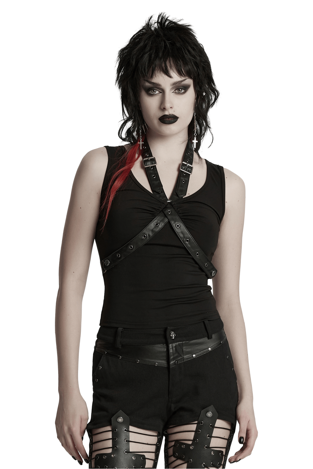 Punk V-neck Cross Loop Tank Top with Faux Leather Straps