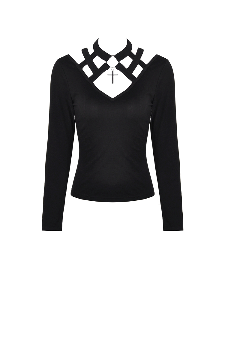 Punk V-Neck Long Sleeves Top With Metal Cross