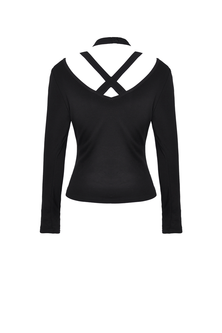 Punk V-Neck Long Sleeves Top With Metal Cross