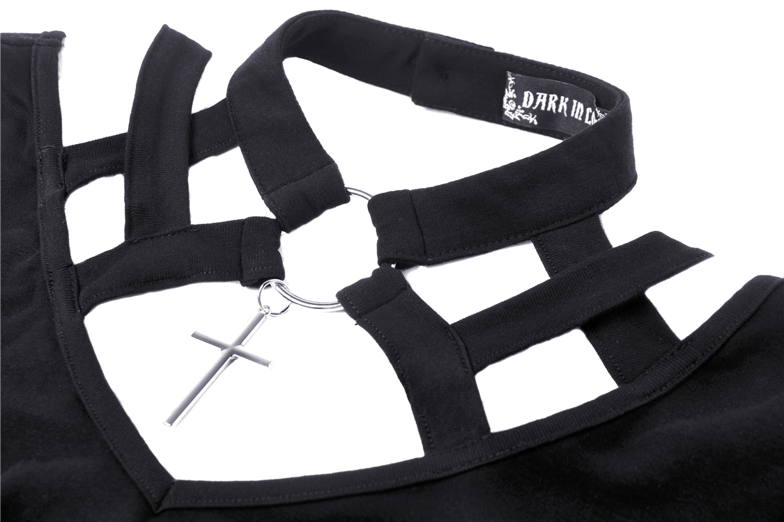 Punk V-Neck Long Sleeves Top With Metal Cross