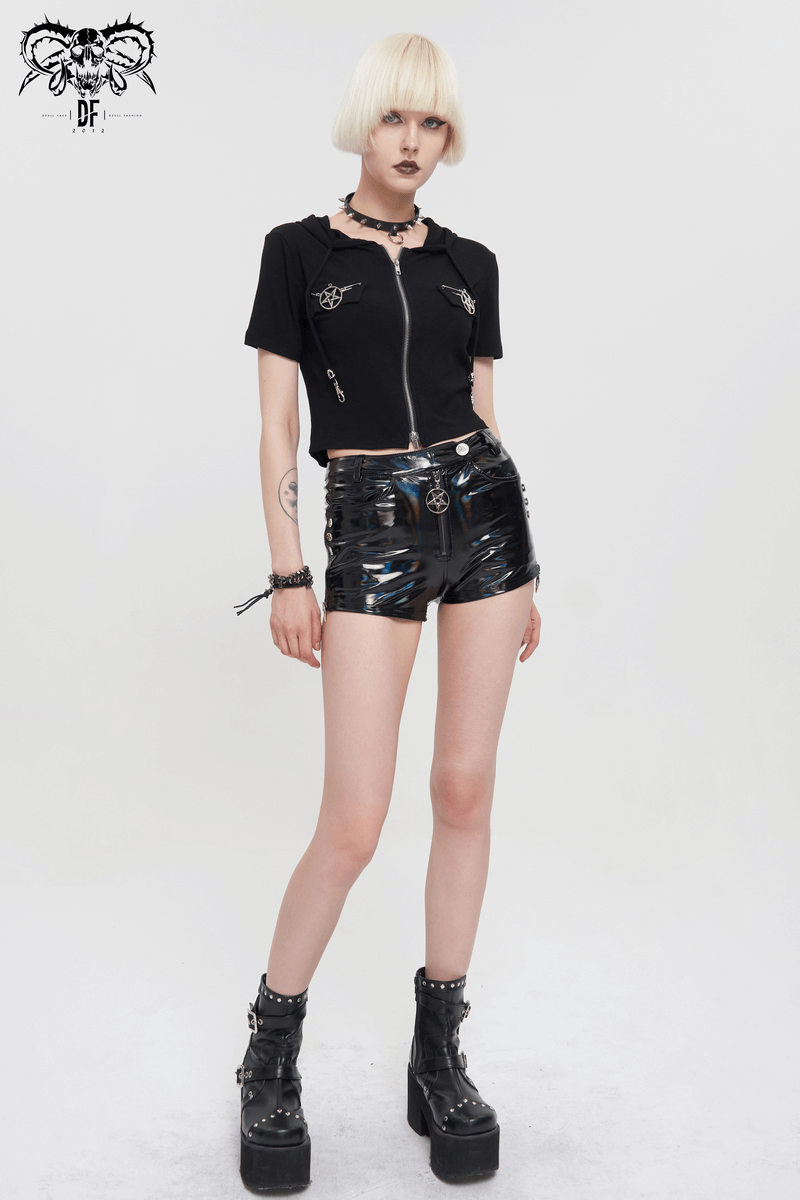 Punk Women's Pentagram Faux Leather Shorts / Gothic Zipper Black Sexy Shorts