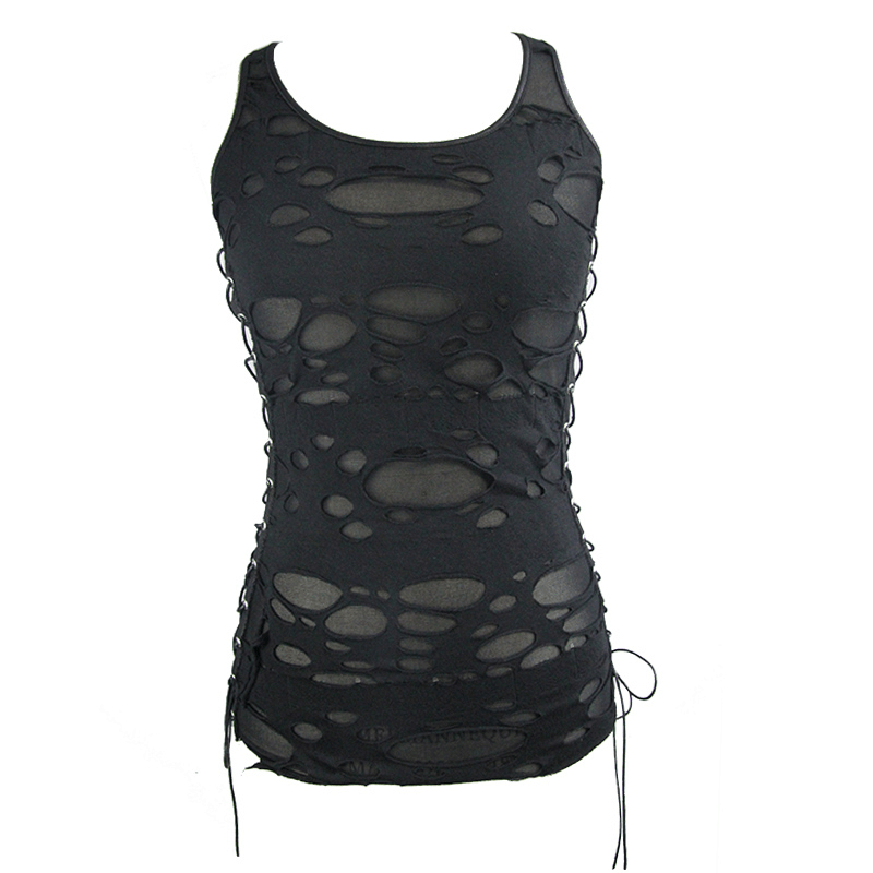 Punk Women's Black Irregular Hole Tank Top / Gothic Female Hollow Tank Tops With Lace-up on sides