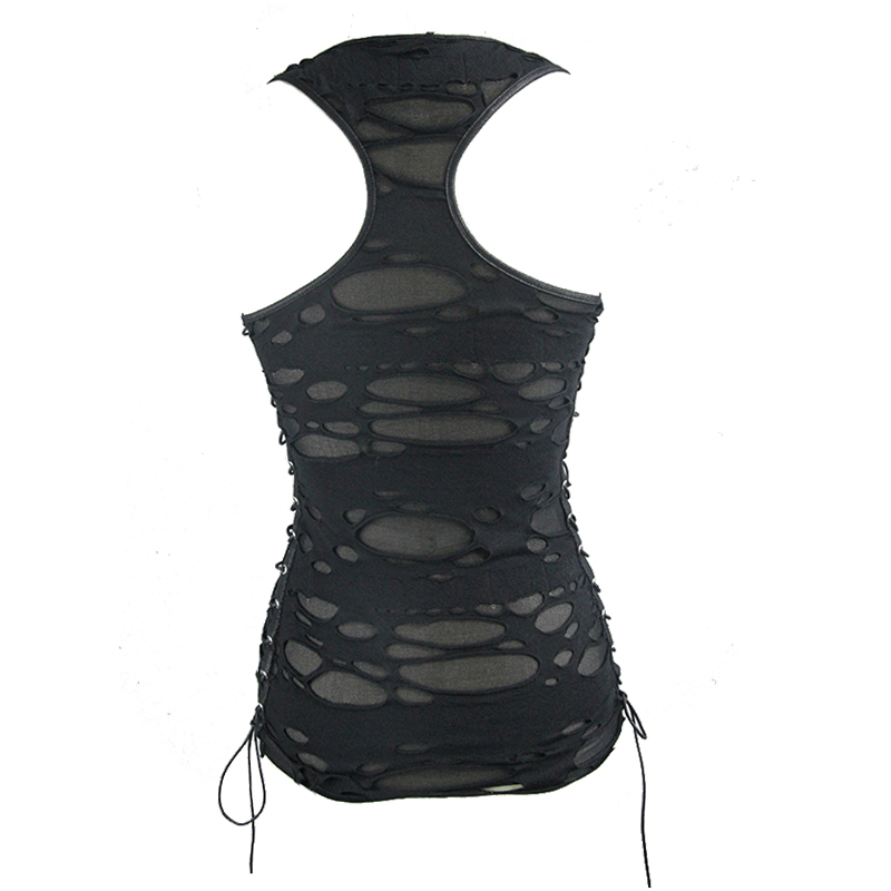 Punk Women's Black Irregular Hole Tank Top / Gothic Female Hollow Tank Tops With Lace-up on sides
