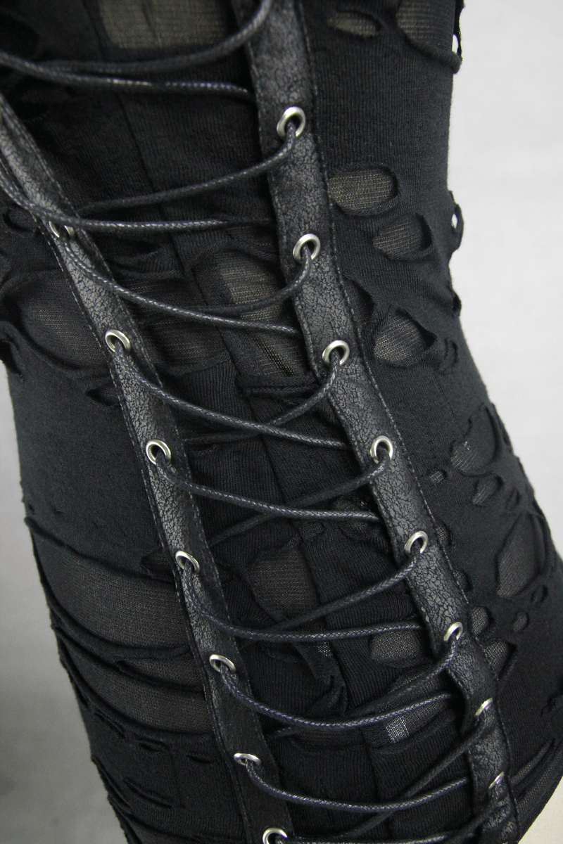 Punk Women's Black Irregular Hole Tank Top / Gothic Female Hollow Tank Tops With Lace-up on sides