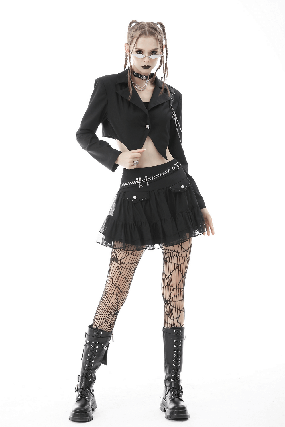 Punk Women's Crop Jacket with Chain Embellishments