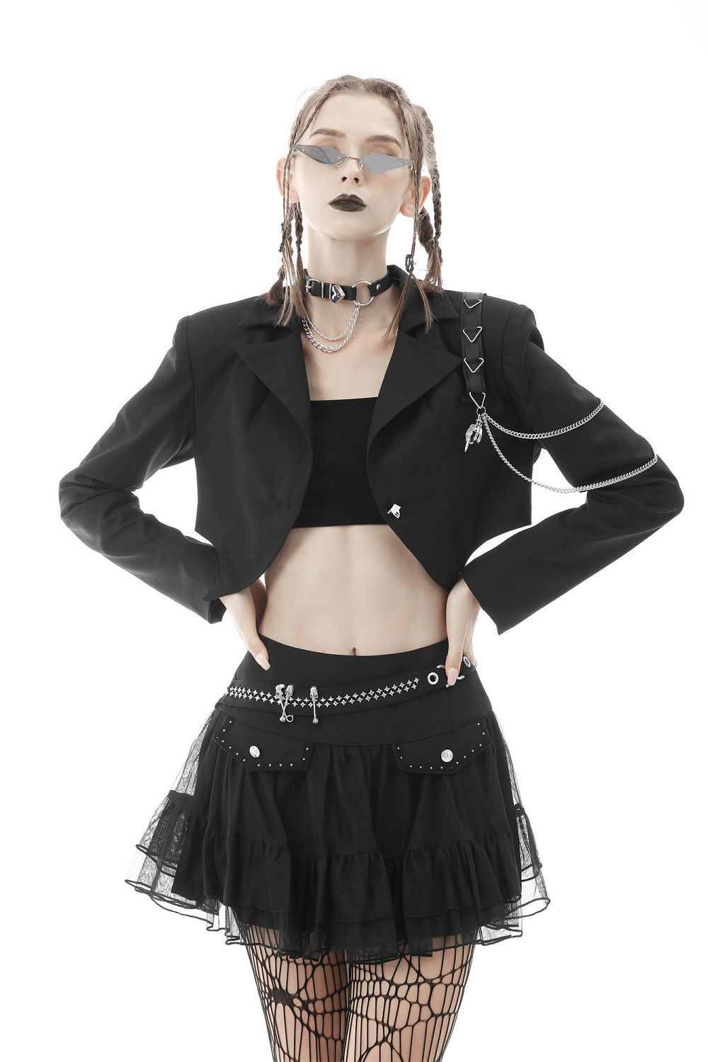 Punk Women's Crop Jacket with Chain Embellishments