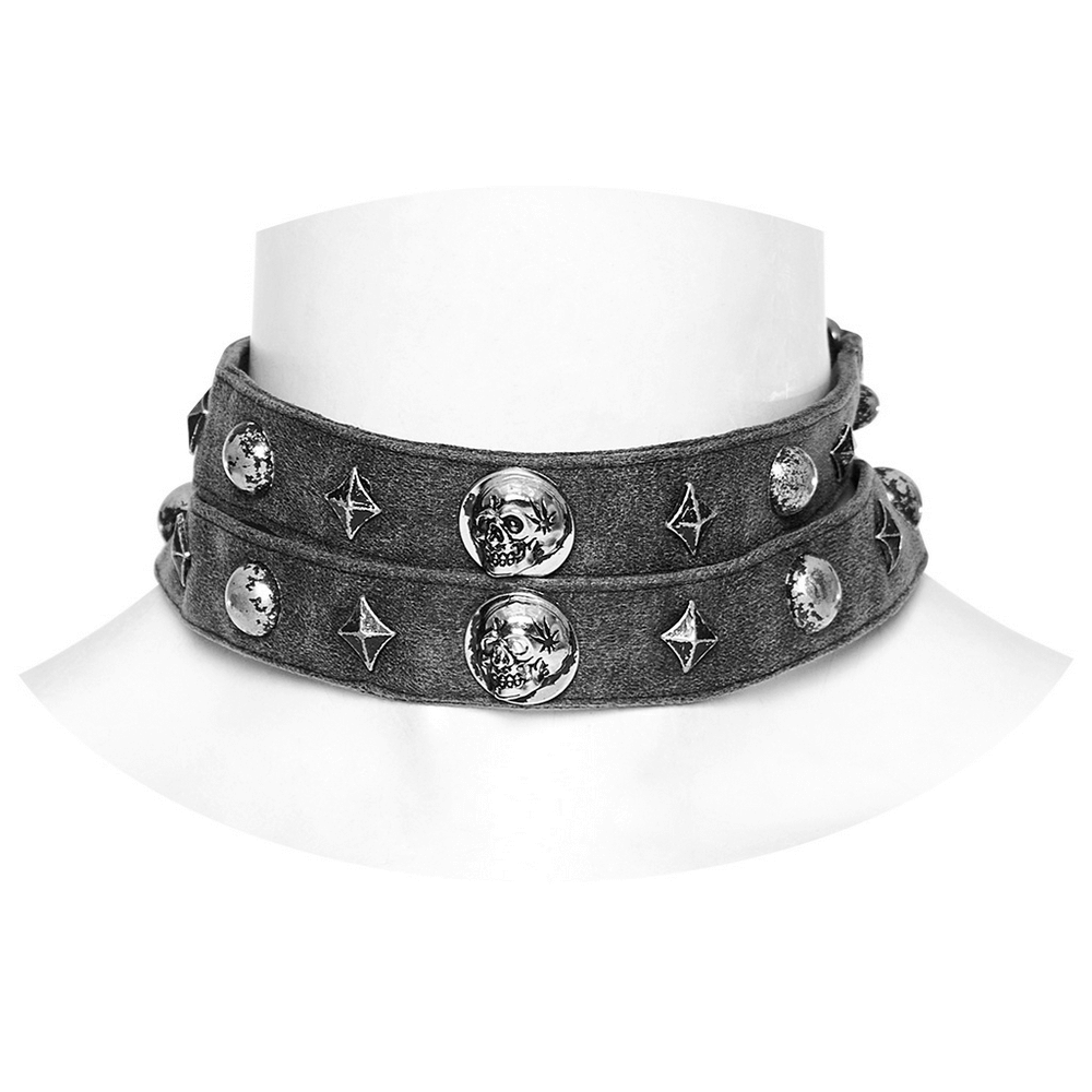 Punk Women's Double Strap Choker with Skulls and Rivets