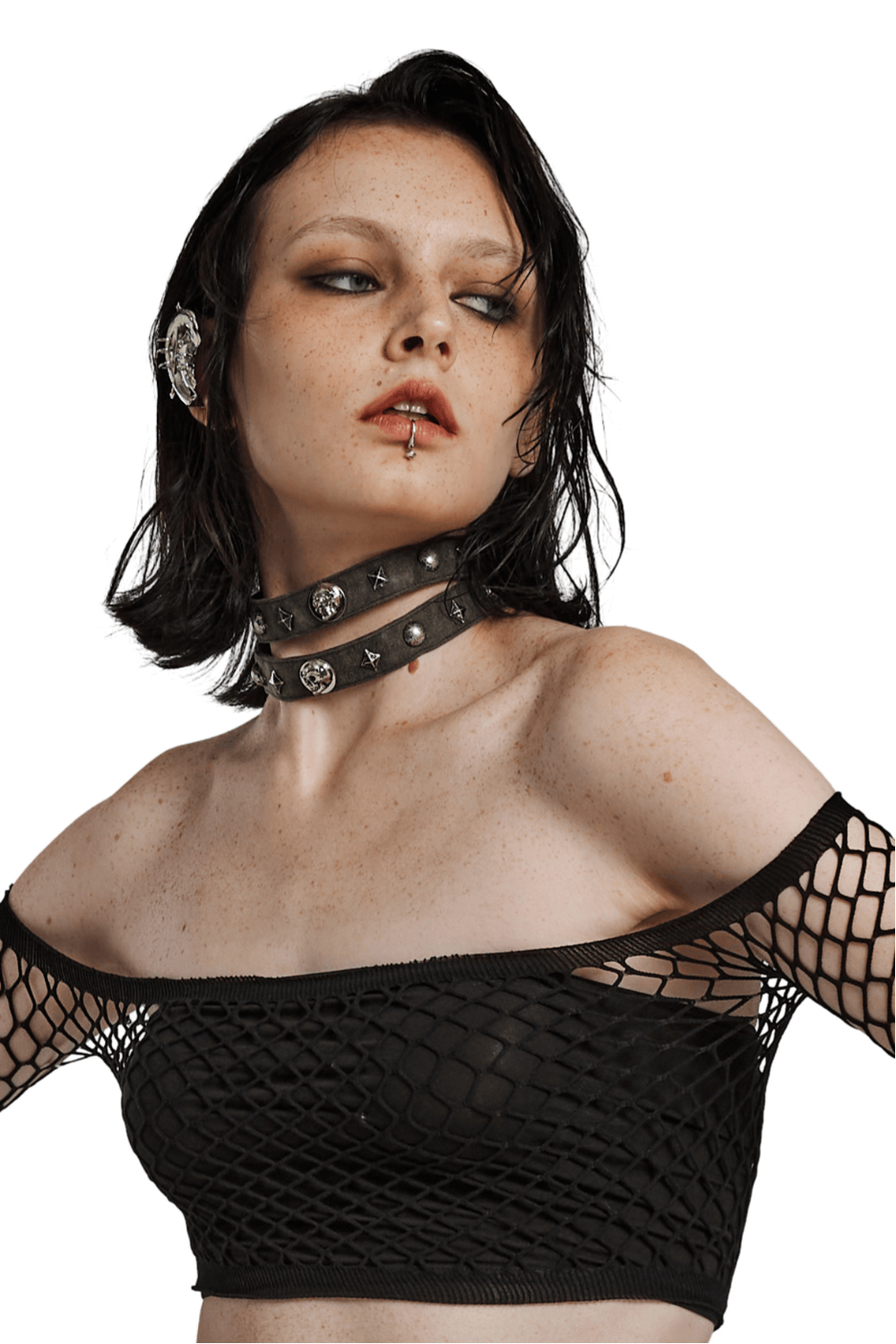 Punk Women's Double Strap Choker with Skulls and Rivets