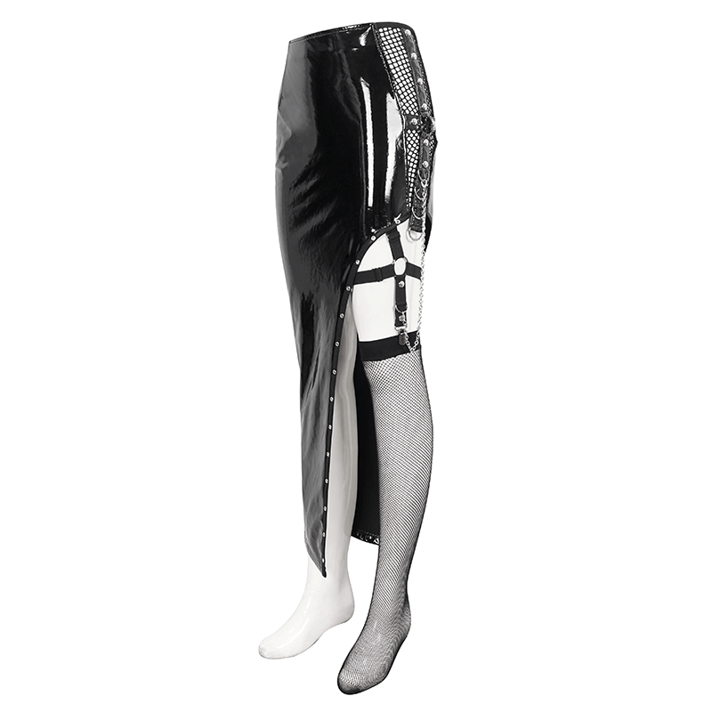 Punk Women's Irregular Patent Leather Skirt with Mesh Stocking