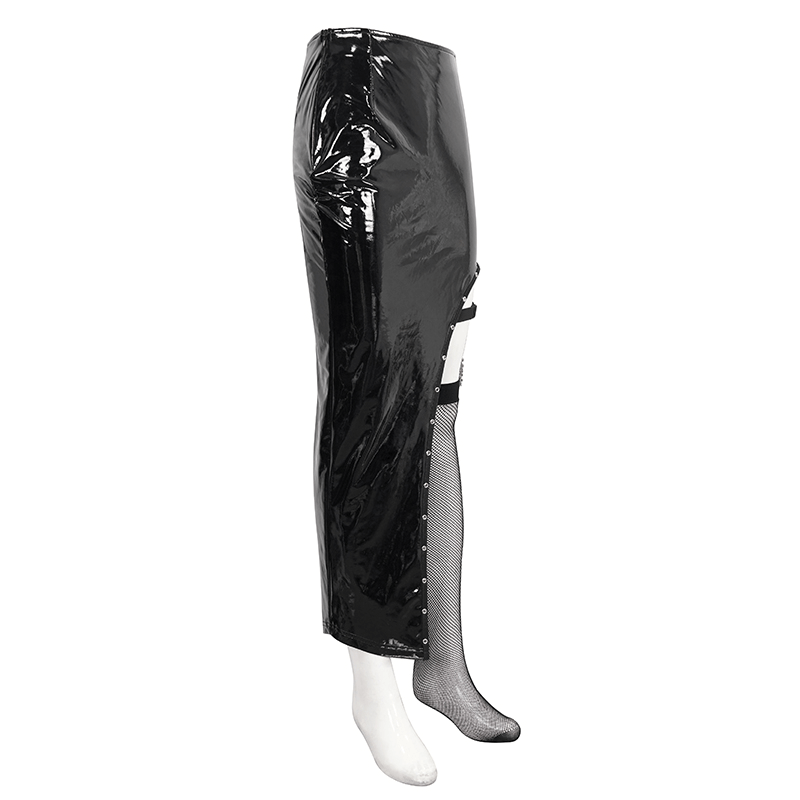 Punk Women's Irregular Patent Leather Skirt with Mesh Stocking