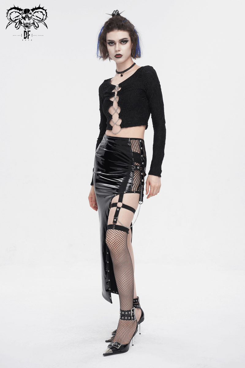 Punk Women's Irregular Patent Leather Skirt with Mesh Stocking