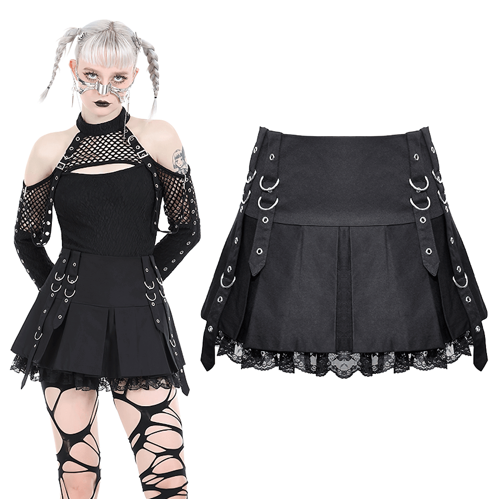 Punk Women's Mini Skirt with Lace Trim and O-Rings